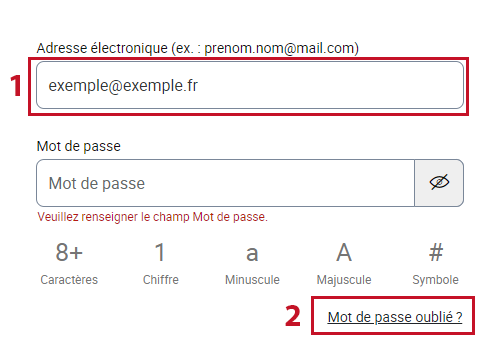 procédure à suivre en cas d'oubli de mot de passe. 1 entrer l'adresse de courrier électronique, 2 cliquer sur le lien mot de passe oublié