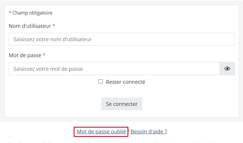 en cas d'oubli de mot de passe, cliquer sur le lien surligné en rouge 